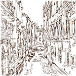 素描水中城市建筑风景