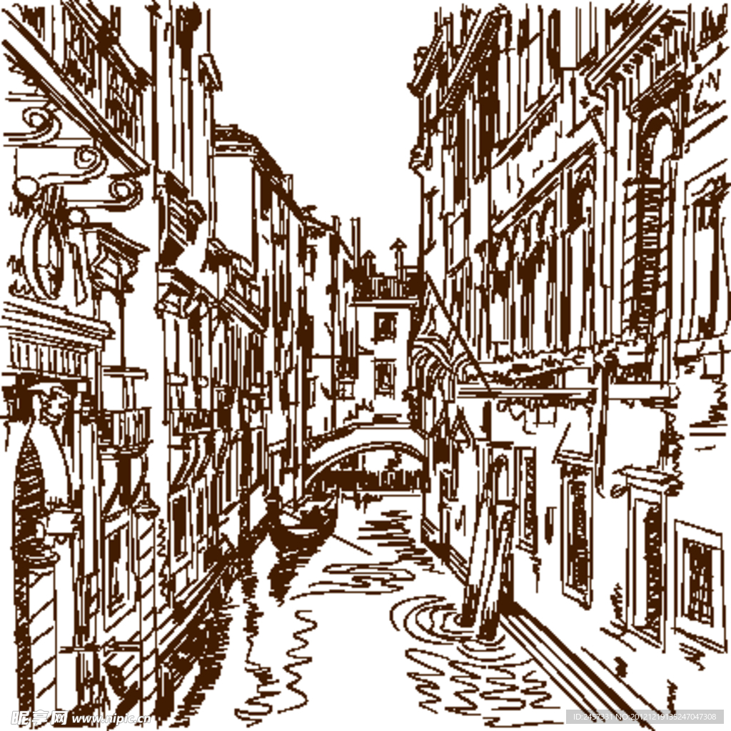 素描水中城市建筑风景