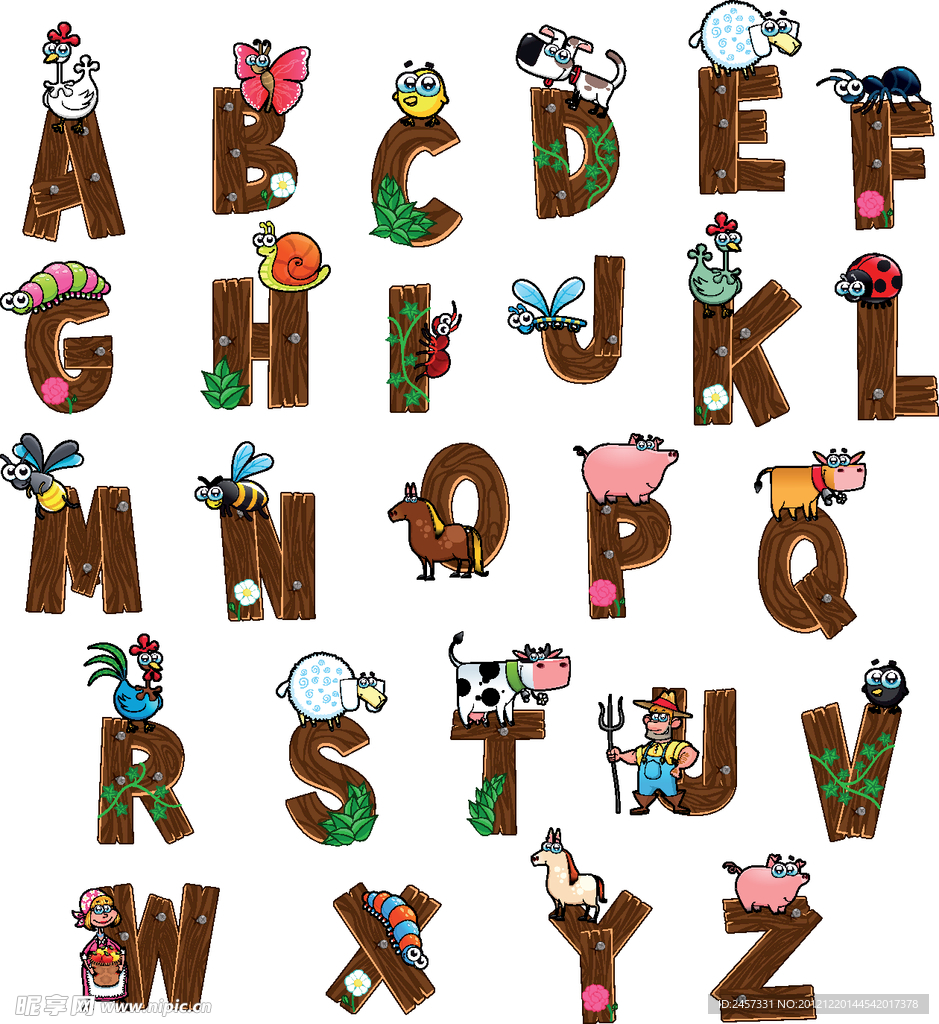 卡通动物木纹字母