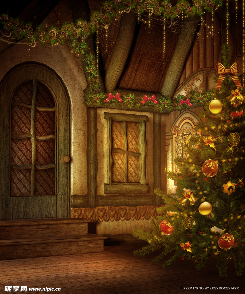 小木屋内圣诞装饰背景