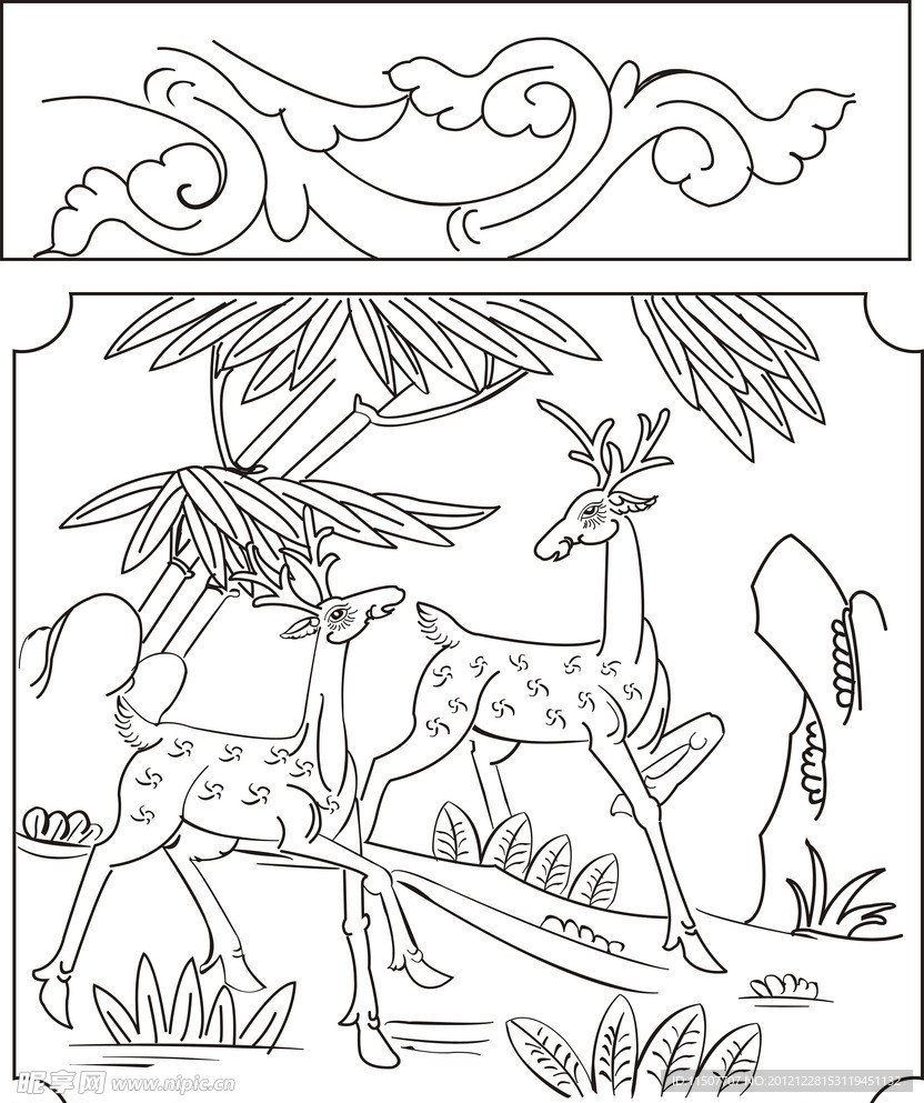 雕刻 竹子 梅花鹿