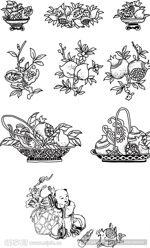 植物 石榴 福娃 童子 桃子 富贵花纹 古典花纹 传统花纹