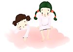 卡通娃娃坐在云朵上看书