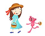 拎着篮子的卡通女孩和兔子