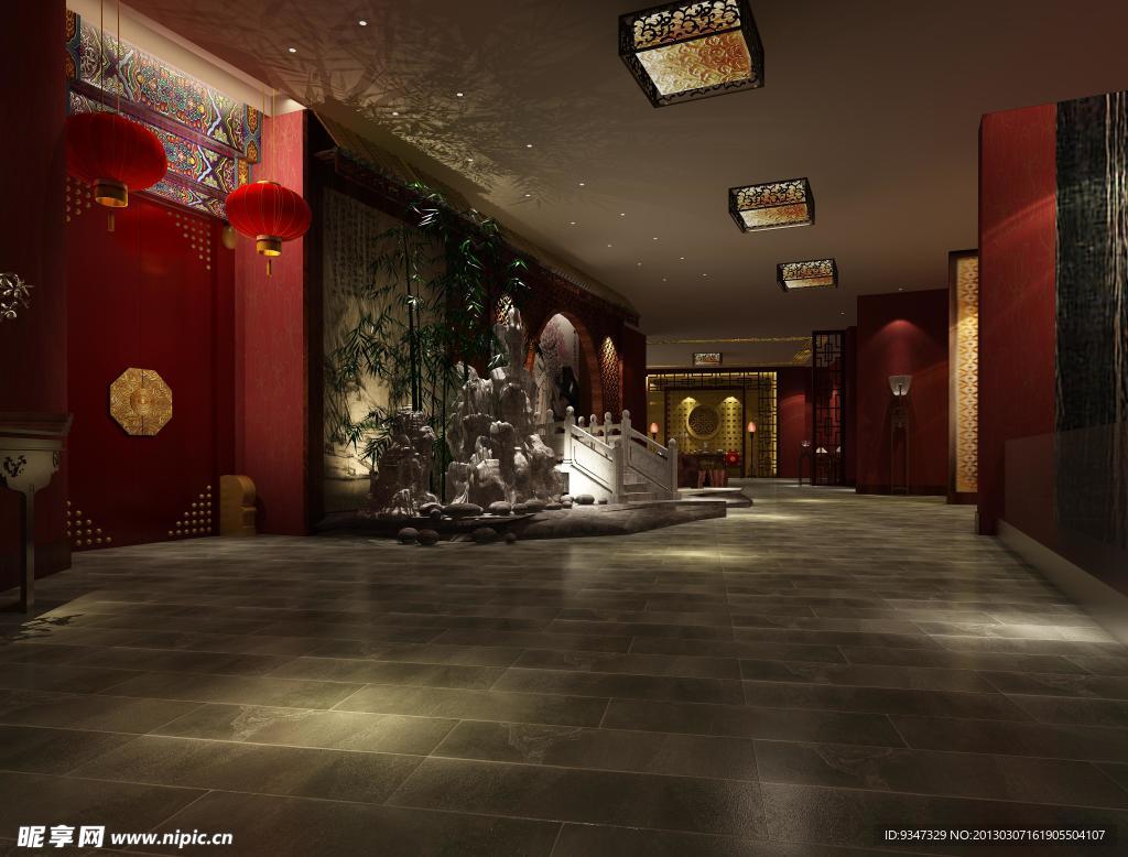 中式酒店走廊 青石地面
