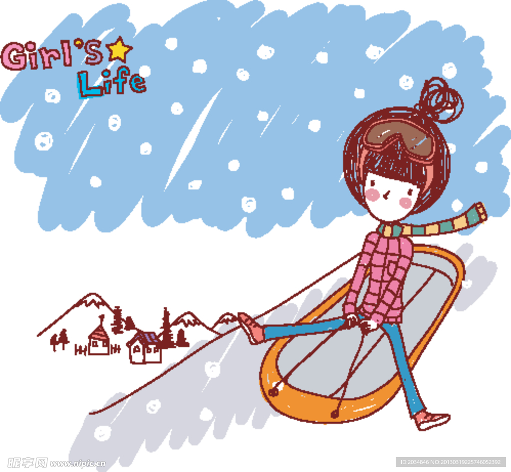 滑雪 手绘小女孩
