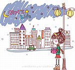 手绘楼房 手绘女孩