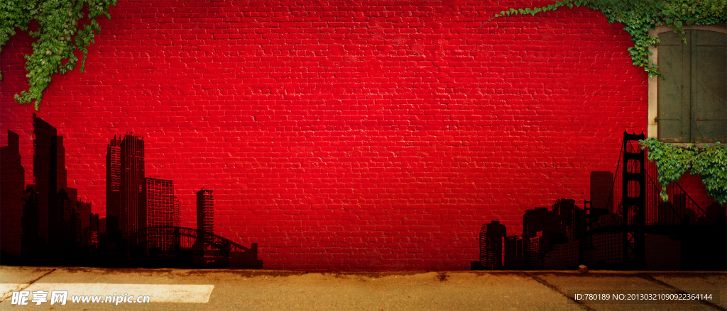 红砖墙背景下的大城市