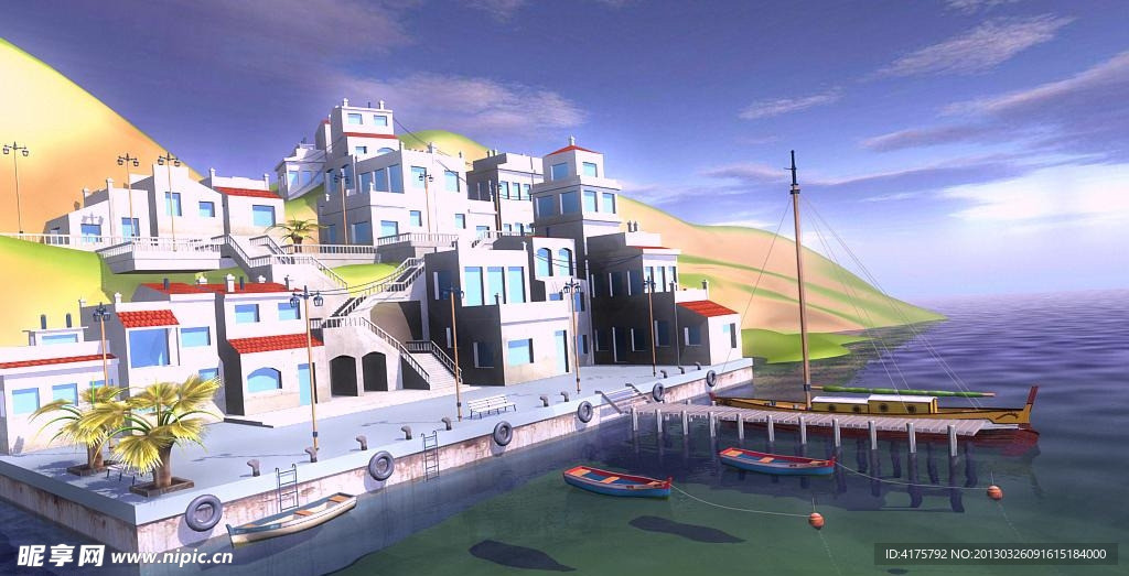 海边小镇场景3D模型