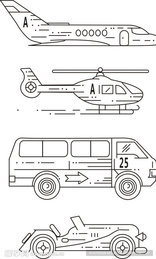 飞机房子车子线稿