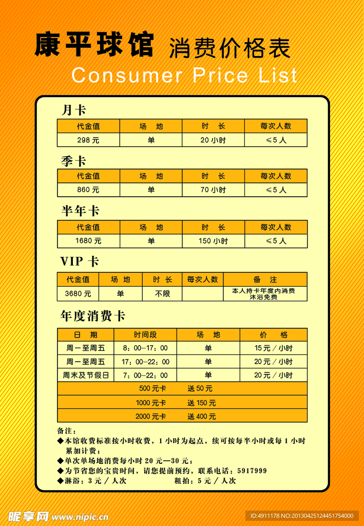 价格表