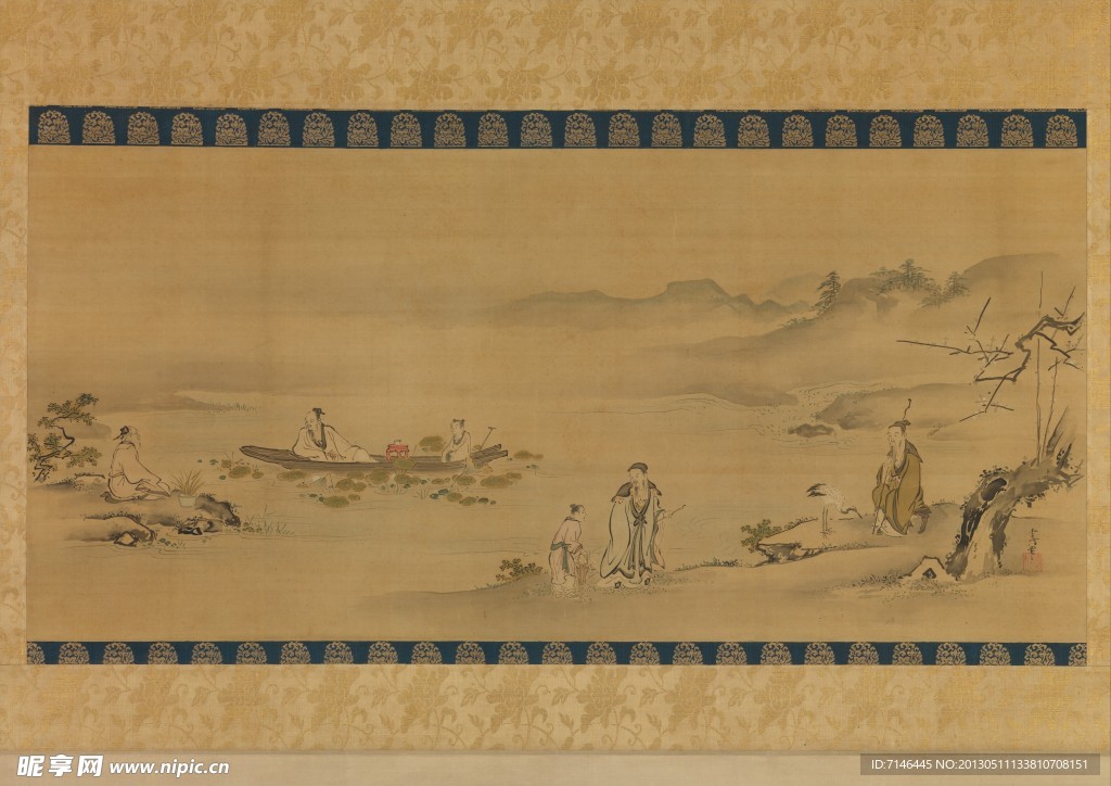 山水人物绢本