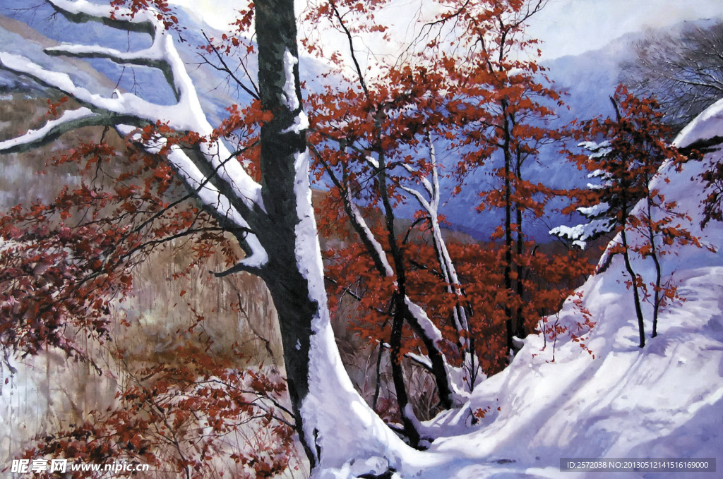 雪地红霞 油画