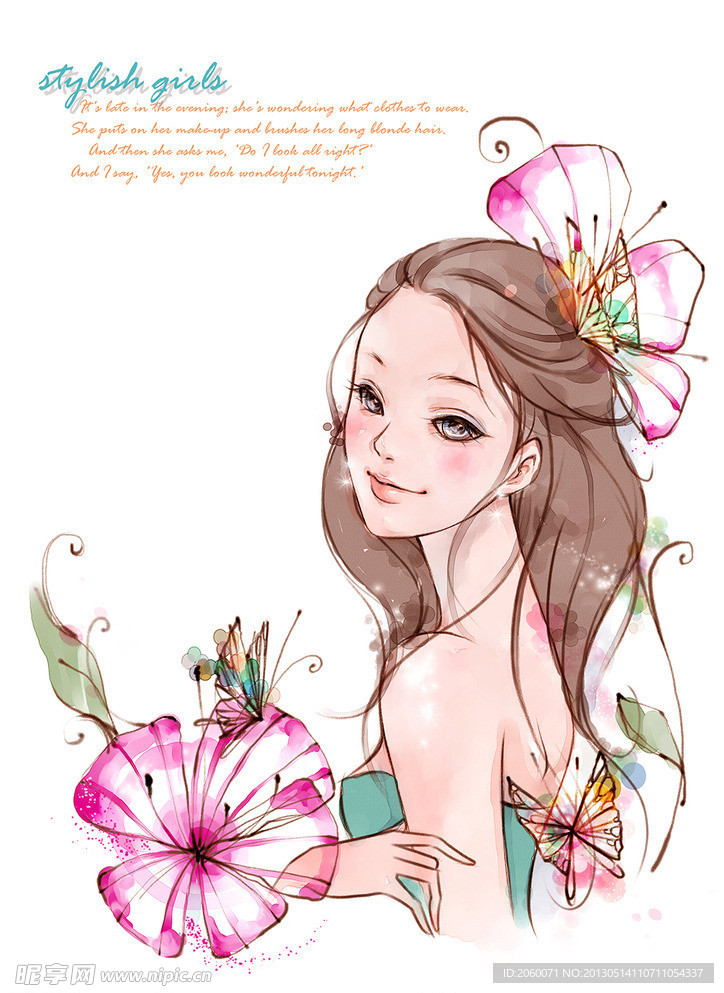 韩国少女与花插画