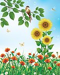 梦幻夏日绿草鲜花背景