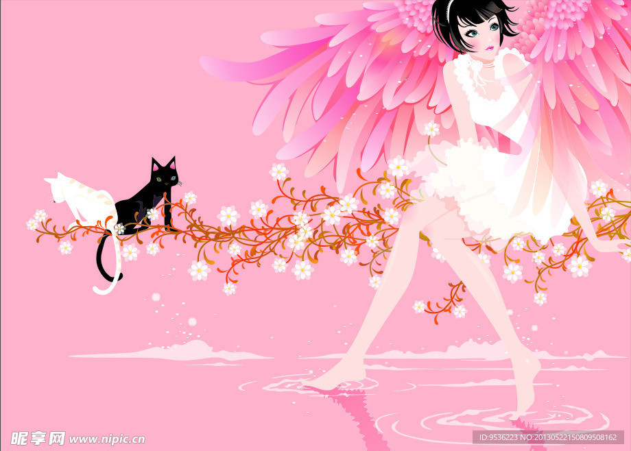 天使女孩 黑白猫