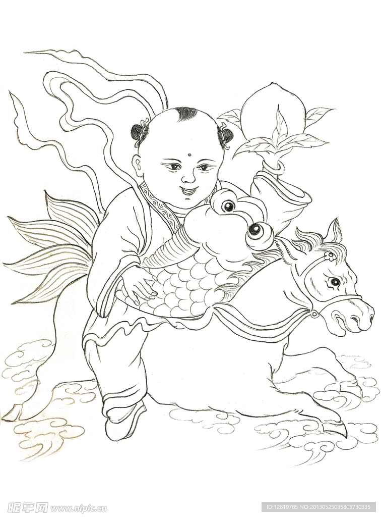 手绘童子骑马