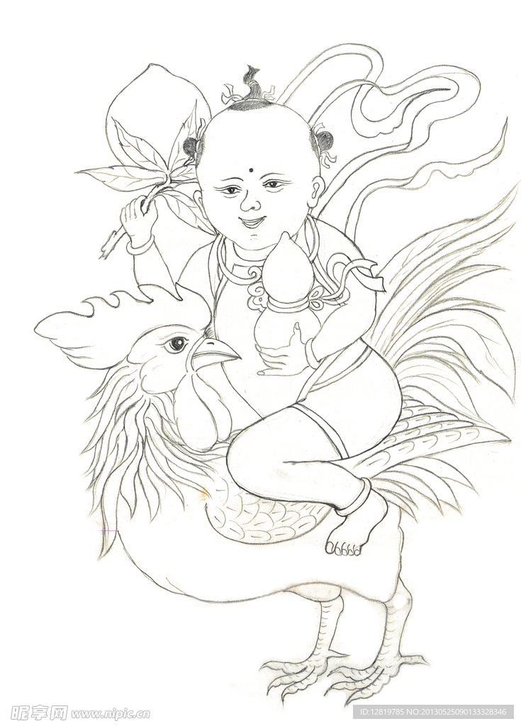 手绘童子公鸡