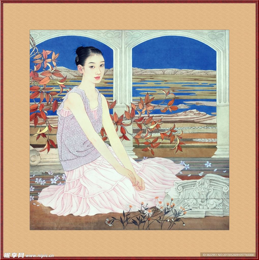 工笔画窗前美女