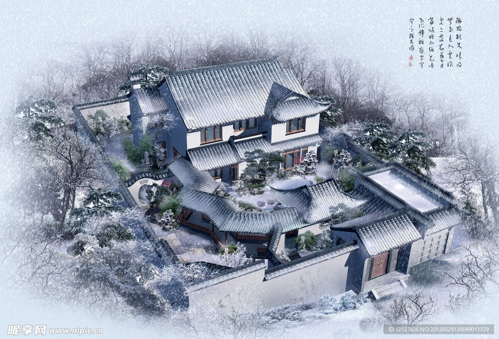 园林景观鸟瞰雪效果图