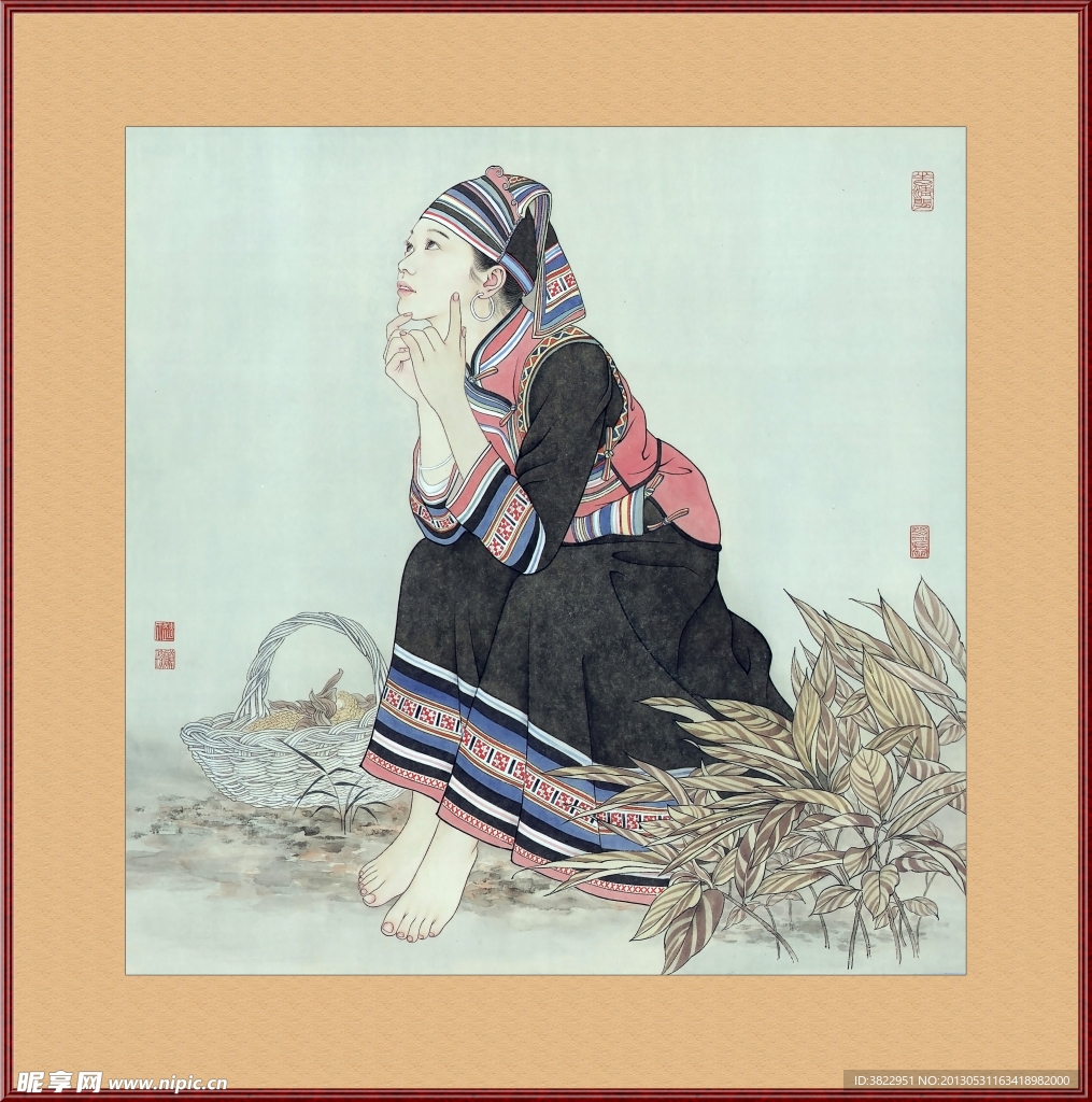 工笔画苗族少女