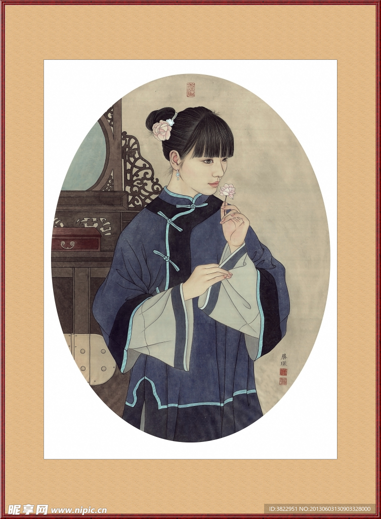 工笔画美女闻香