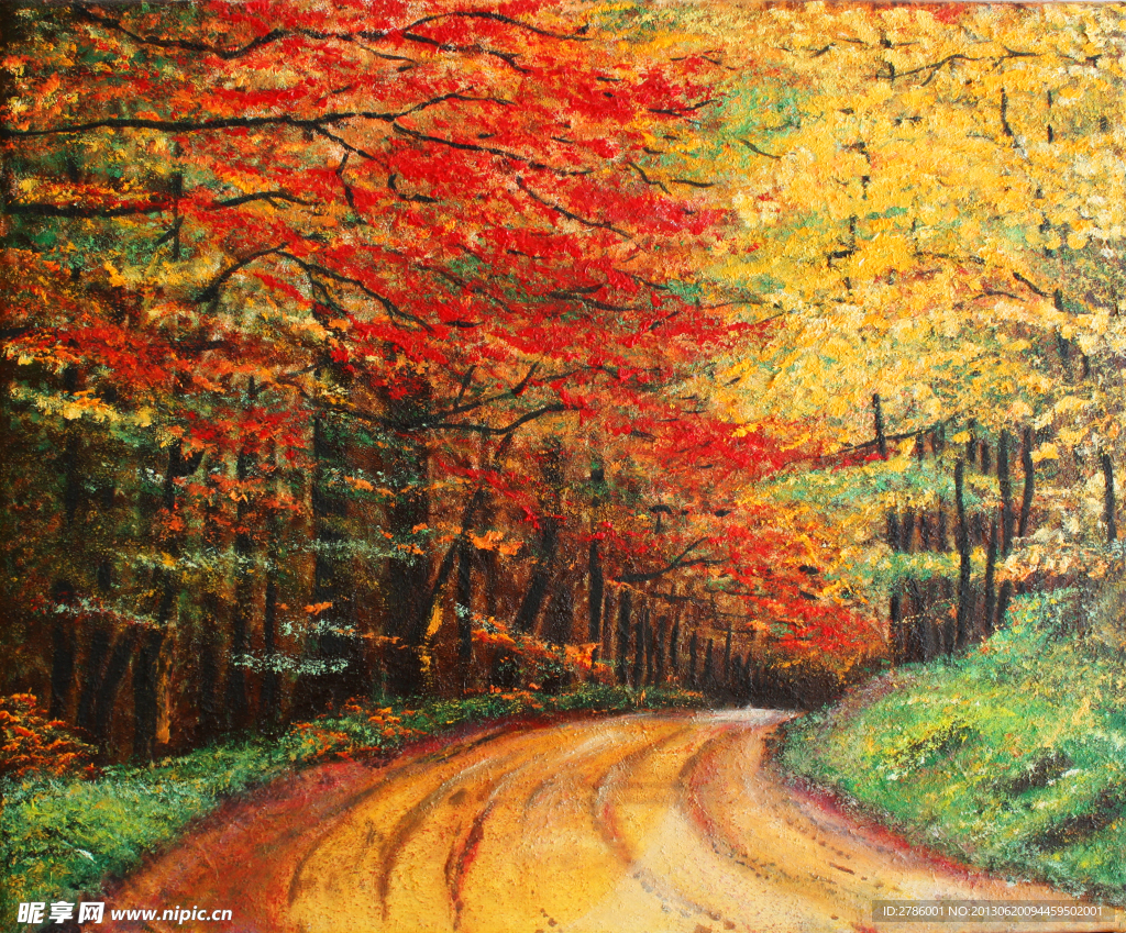 秋天树林道路油画