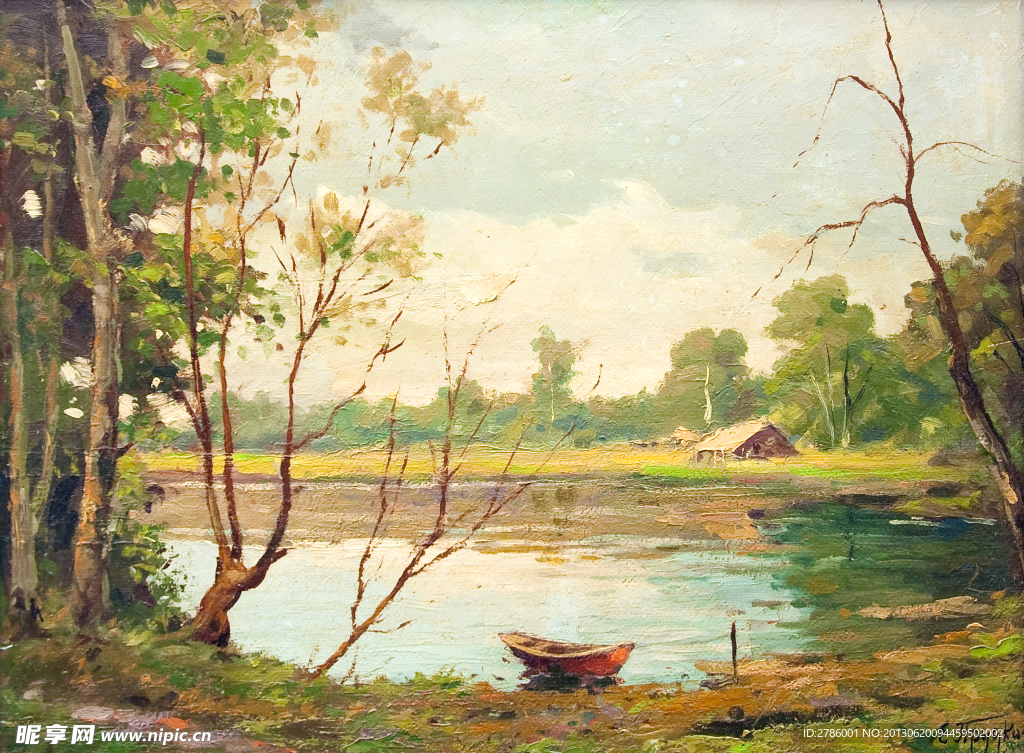 乡间小河油画