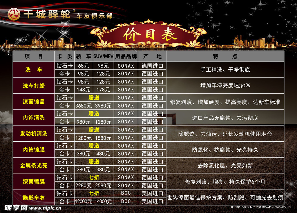 价格表