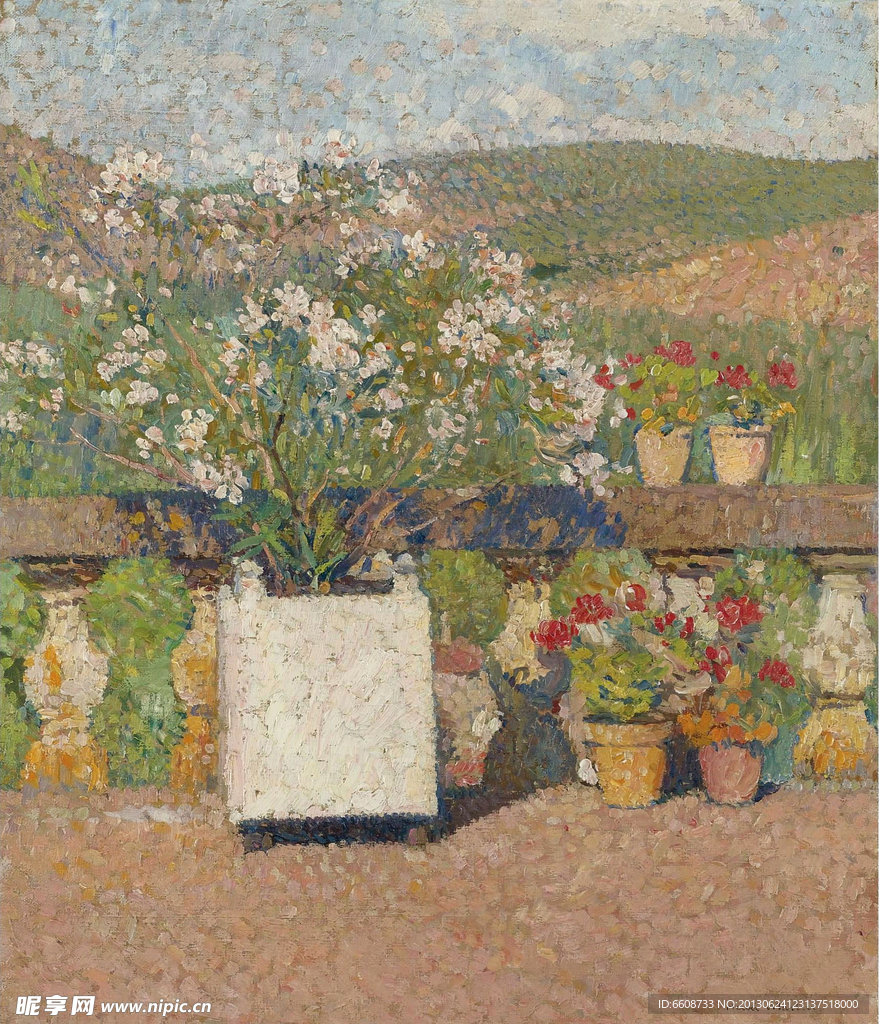 阳台鲜花油画
