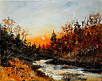 油画 夕阳河流