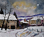 油画 小村雪景