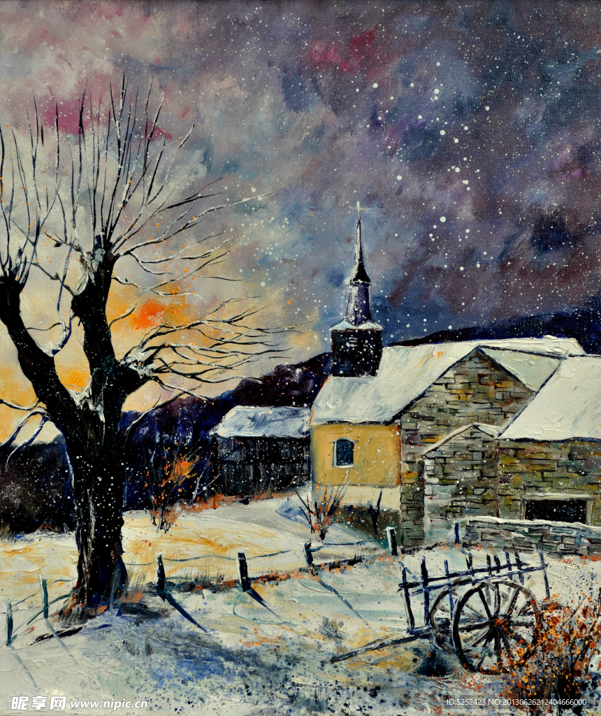 油画 冬天的村庄