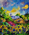油画 山村春色