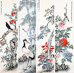 花鸟国画四屏