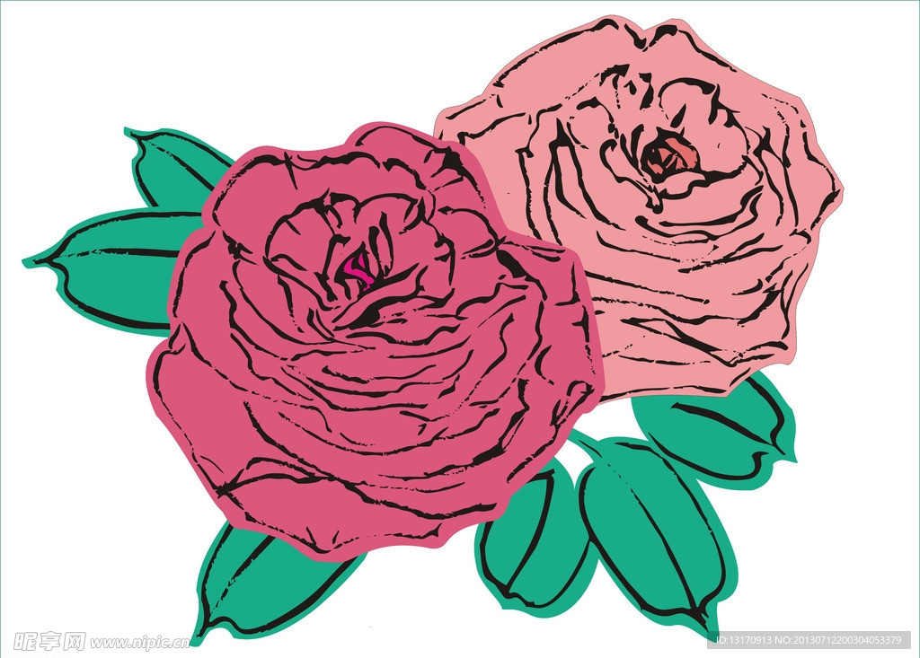 手绘矢量图两朵红玫瑰
