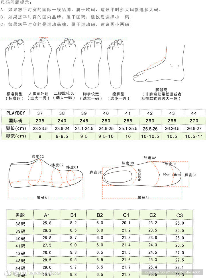 尺码脚型说明对照表