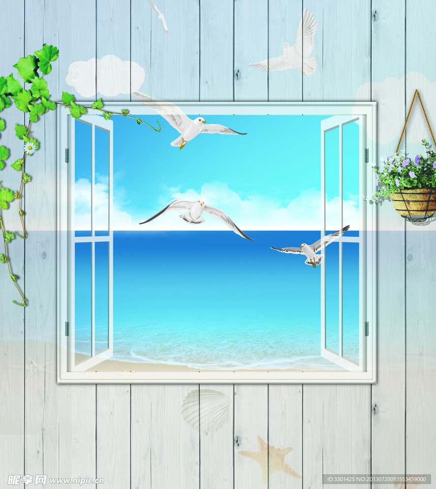 夏日小屋窗户海景