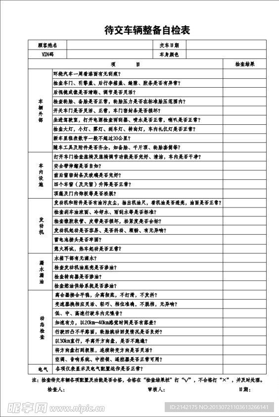 待交车辆整备自检表