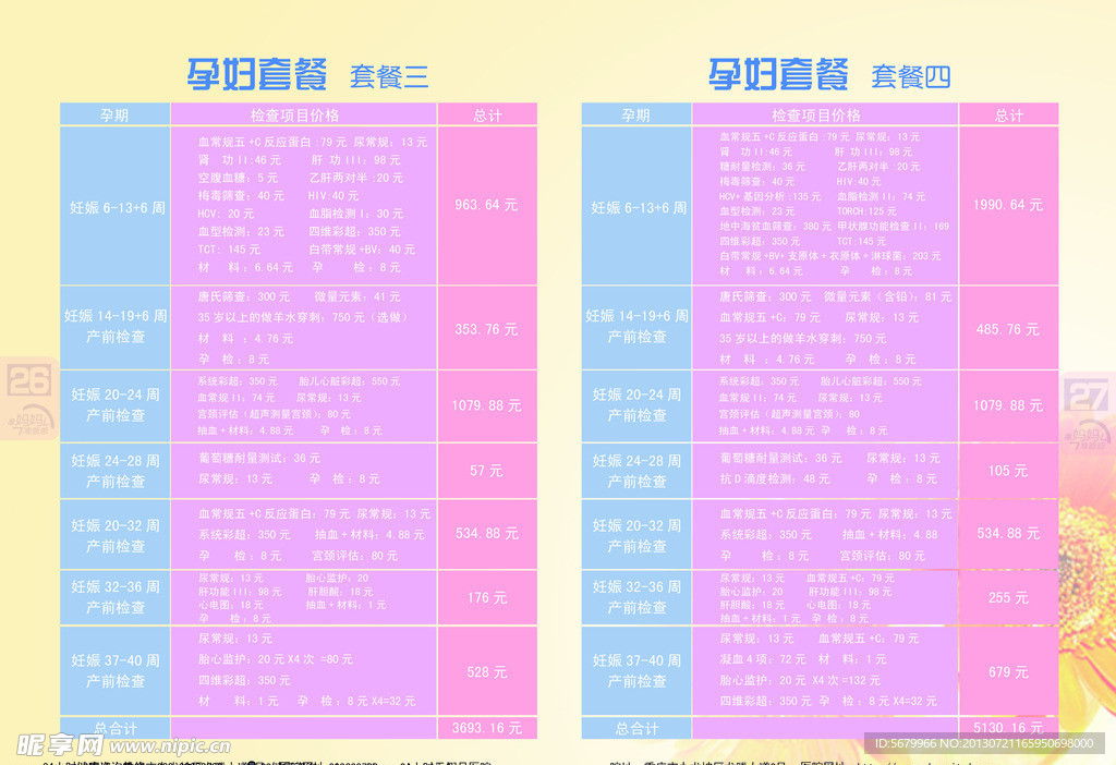 孕妇套餐表 产科套餐