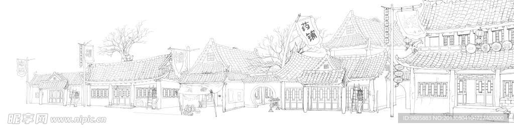 白描古建筑