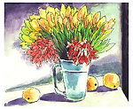 钢笔淡彩瓶花和橙子