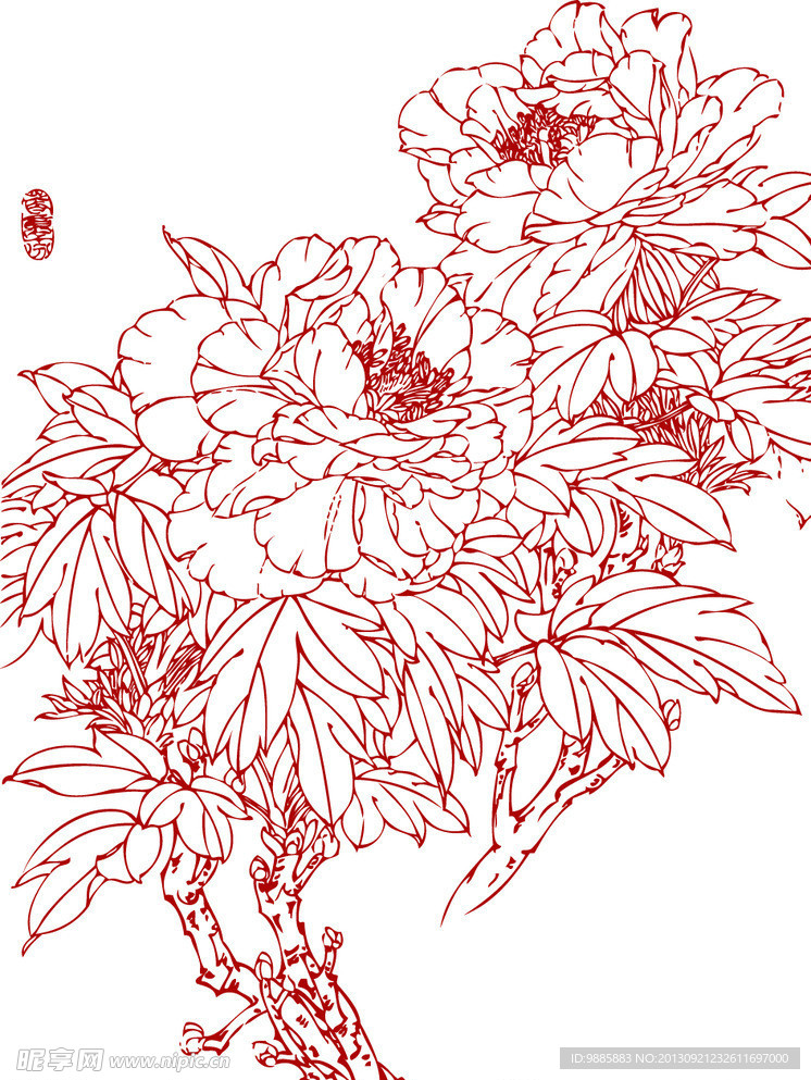 白描牡丹