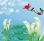百合花 水波 小鸟