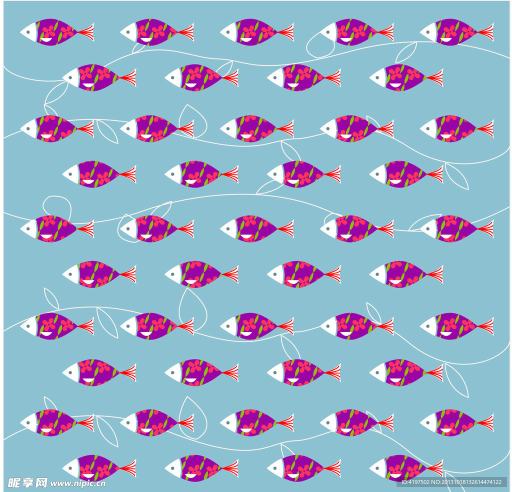 紫色卡通鱼背景 有叶