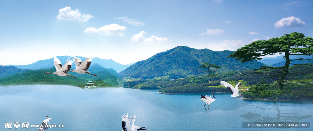 湖泊山水风景画广告素
