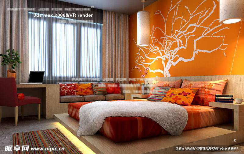 橙色宾馆卧室效果图模
