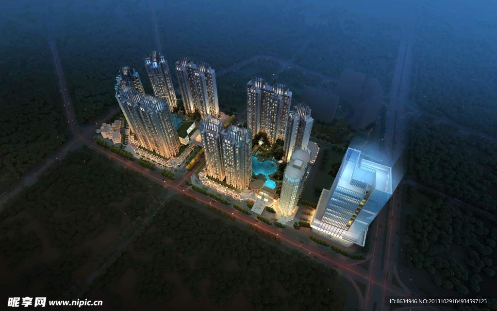 建筑夜景鸟瞰效果图