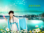 美女 蓝天 花海