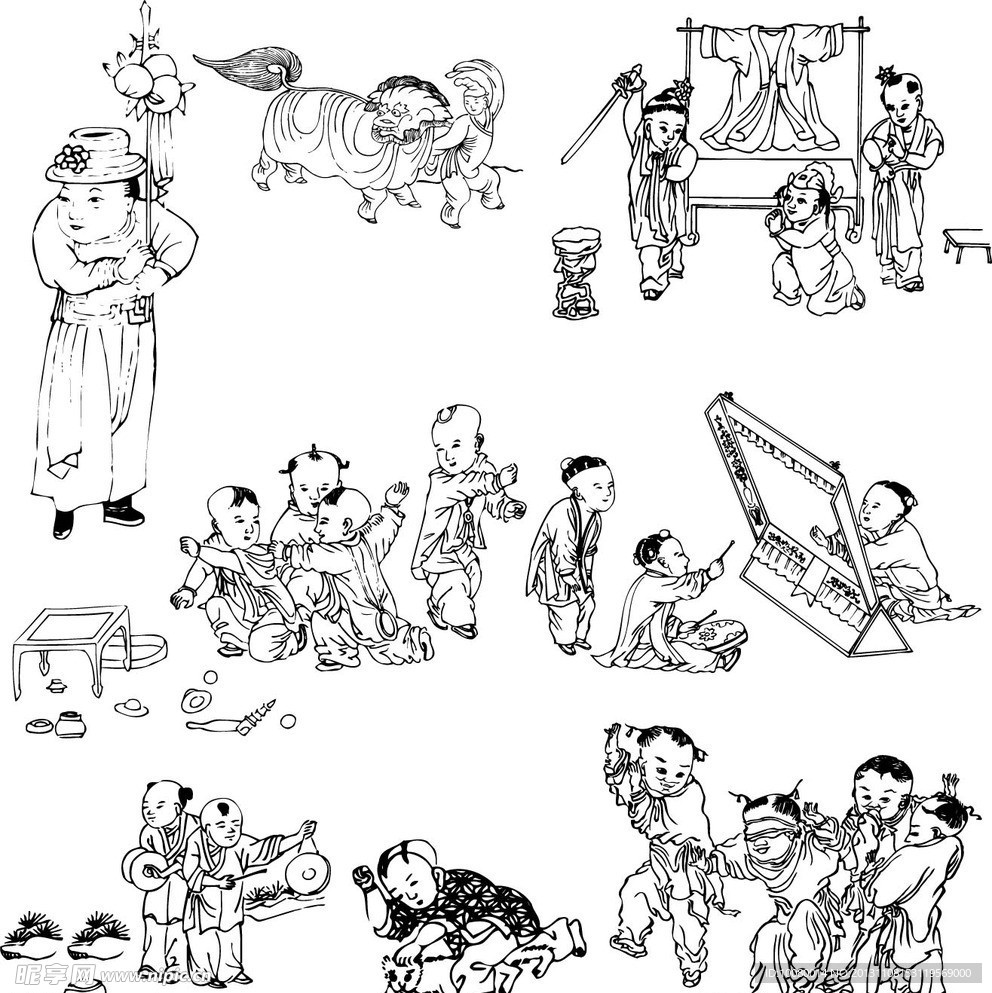古代童子白描图